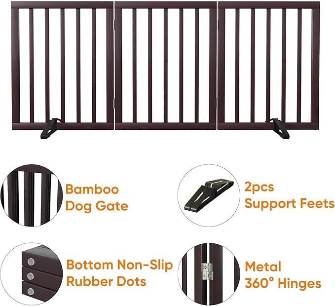 Brown 18-55" Wide Dog Gate, Bamboo Freestanding Pet Gates for Dogs, Puppy Fence