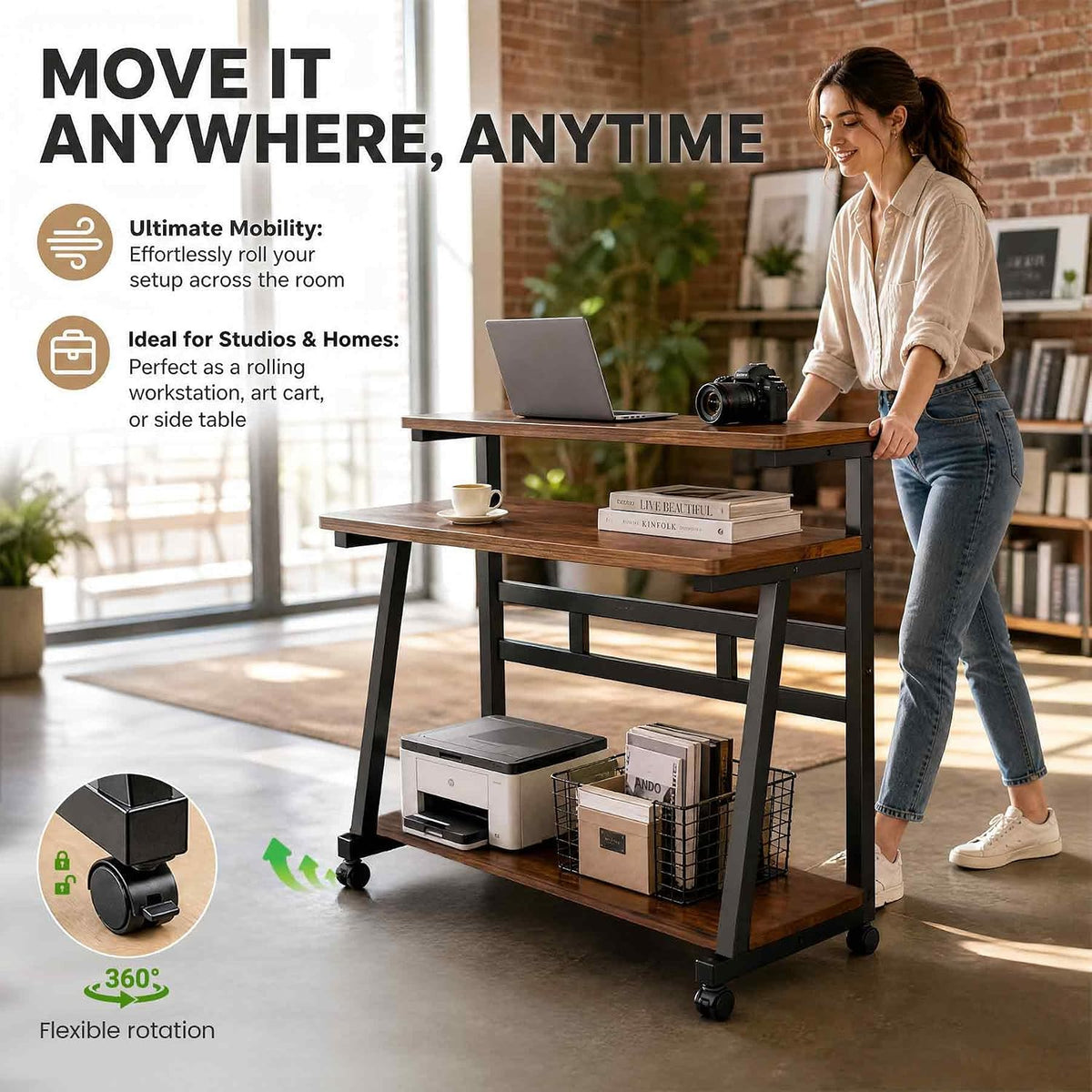 Rolling Computer Desk, 31.5 Inch Small Desks For Small Space, Portable Small Computer Desk with Monitor Stand & 3-Tier Storage, Portable Desk on Wheels for Writing, Home Office, Small Desk for Bedroom