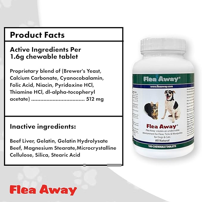 Flea Away All Natural Supplement for Fleas, Ticks, and Mosquitos Prevention for Dogs and Cats, 100 Chewable Tablets, 3 Pack
