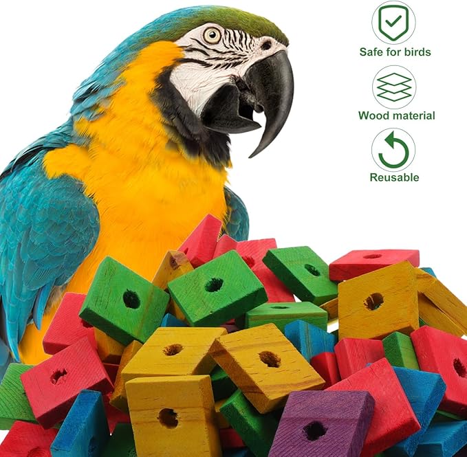 NOLITOY 100Pcs Wooden Parrot Chewing Toy Blocks with Hole Bird Bite Toy for Cockatiels Parakeets Macaws African Grey DIY Wood Chip Design for Pet Entertainment and Skill Development