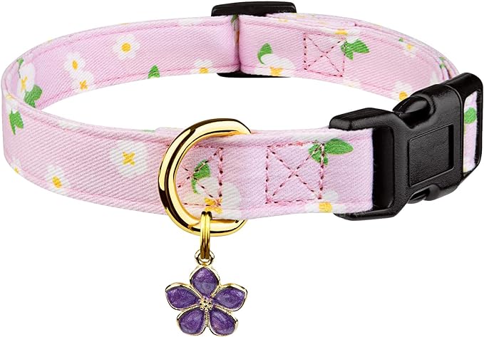 Cotton Handmade Dog Collar Cute and Distinctive Patterns Purple Flower with Pendant for Girl Boy Dogs Collars L