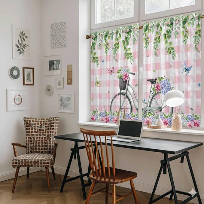 Spring Tier Curtains, Bicycles Leaves Butterfly Flowers Pink Buffalo Plaid