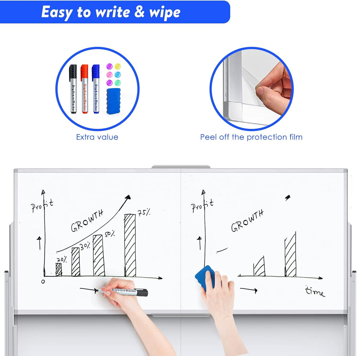 Maxtek Double-Sided Rolling White Board on Wheels 72x60, Height Adjustabled