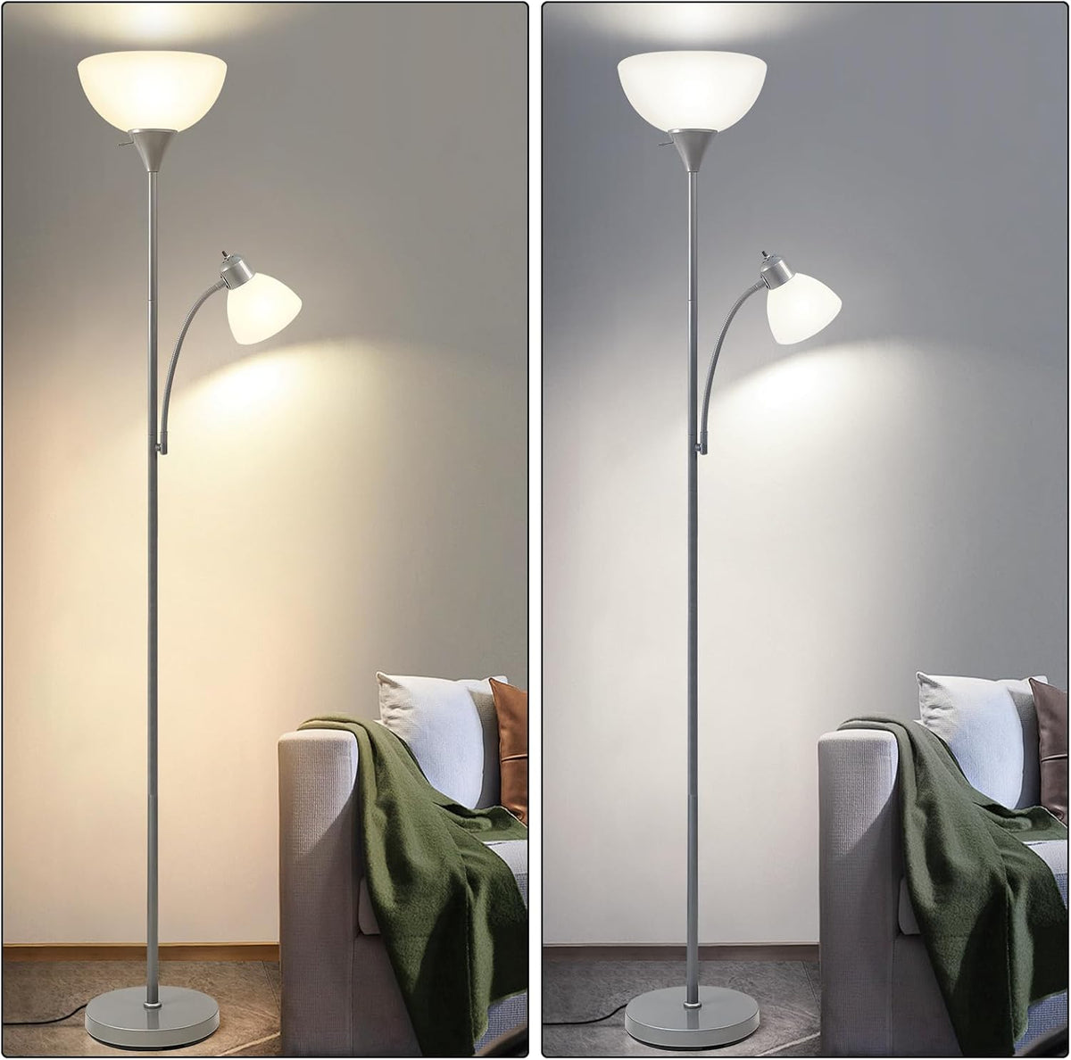 HonoDing Adjustable Silver Floor Lamp with Reading Light Susan Modern Standing Lamps for Living Room/Office Lamp 72" Tall - 150-watt with Side Reading Light Corner Lamps (Silver)