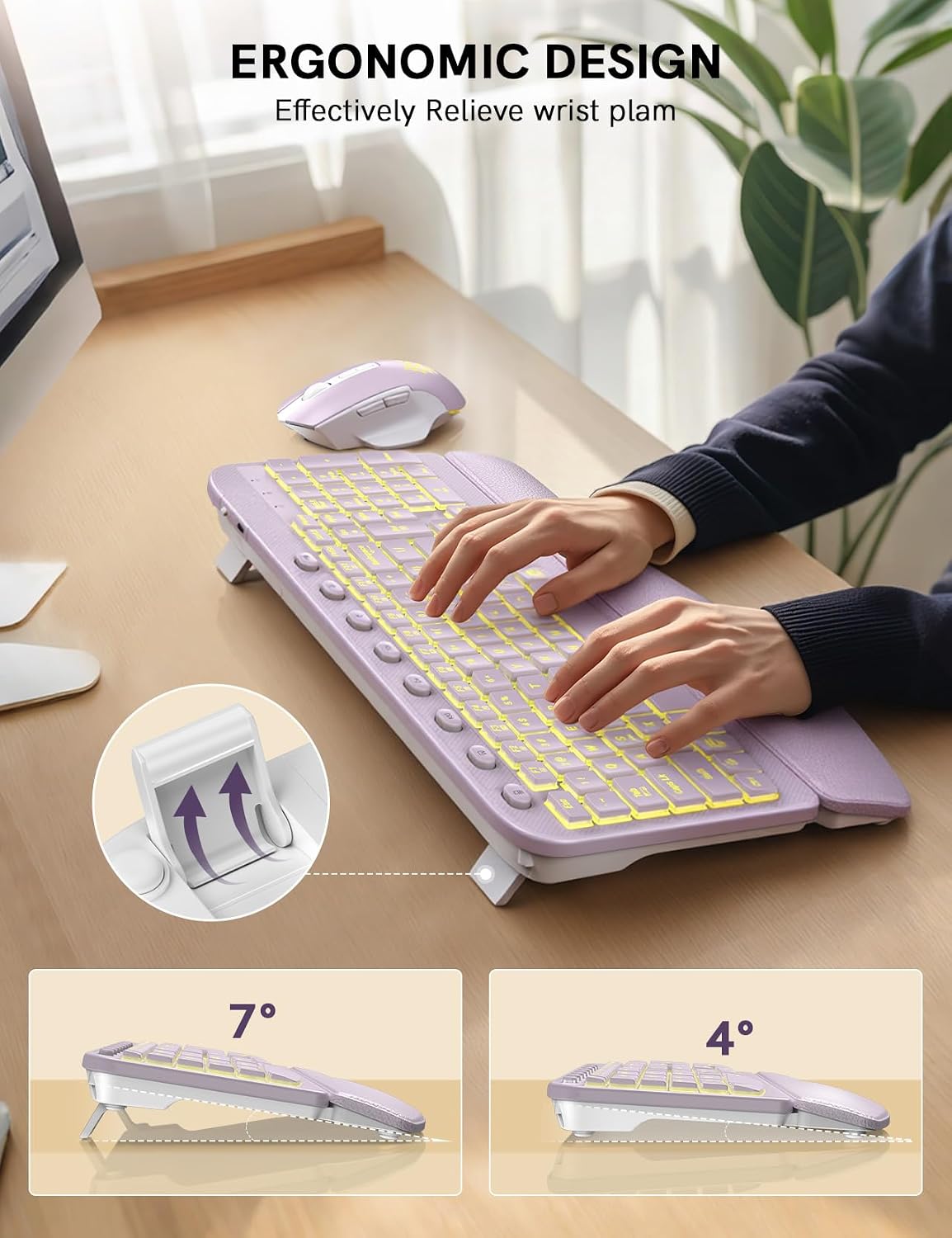 SABLUTE Wireless Keyboard and Mouse Combo, Ergonomic Wave with Wrist Rest