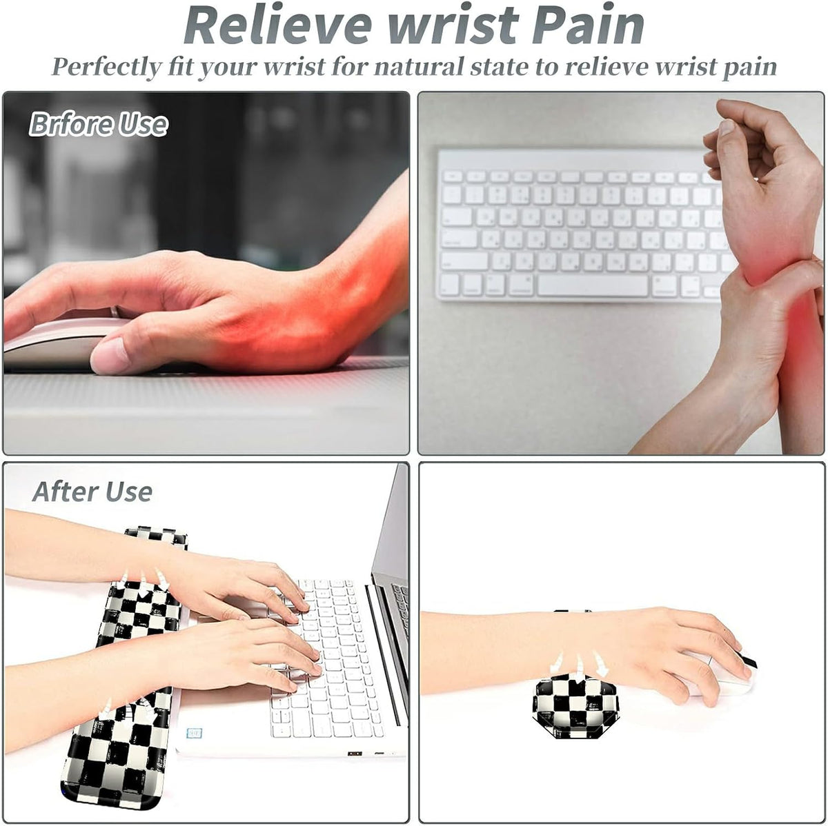 3Pcs Mouse Pad Set, Black White Checkerboard Large Gaming Mouse Pad with Stitched Edge, Ergonomic Memory Foam Keyboard Wrist Support and Mouse Wrist Rest Cushion, Pain Relief Non-Slip Desk Pad Combo