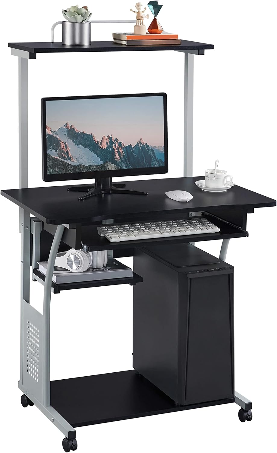 Topeakmart Compact Rolling Computer Cart with Keyboard Tray & Shelf, Black