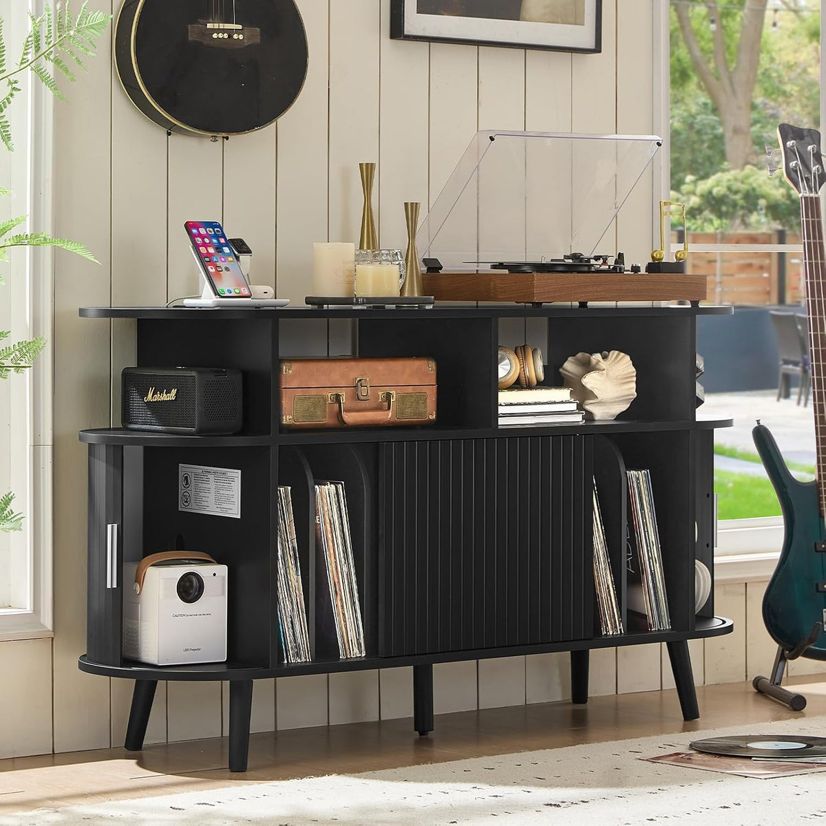 LELELINKY Extra Large Round Record Player Stand with Charging Station