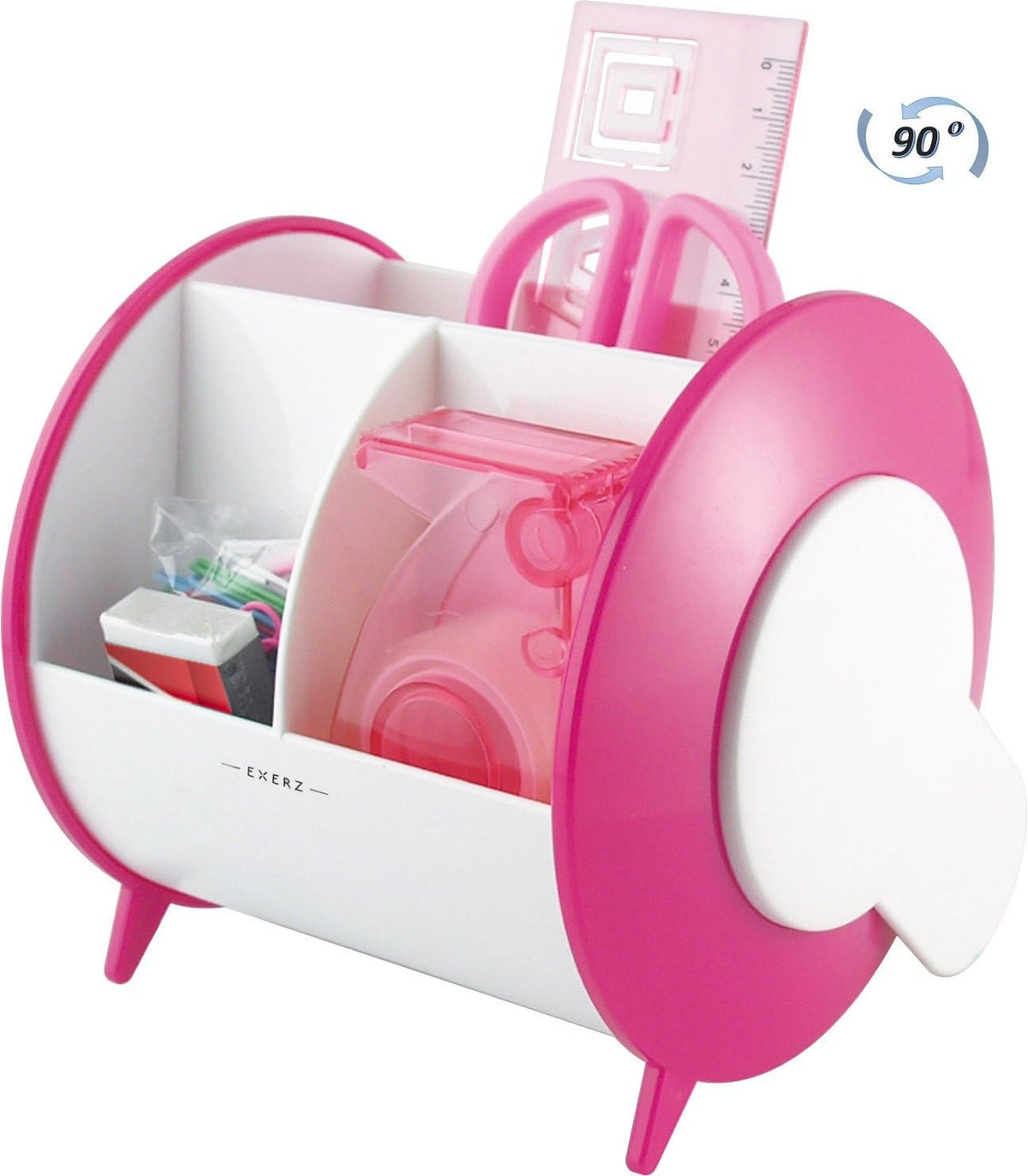 Exerz Ex8986 O-Life 90 Degree Rotary Desk Organiser with Stationery Set - Safety Scissors (Not Sharp), Rulers, Tape Dispenser, Eraser, Clips Included - Medium Size Stationery Organiser (Pink)