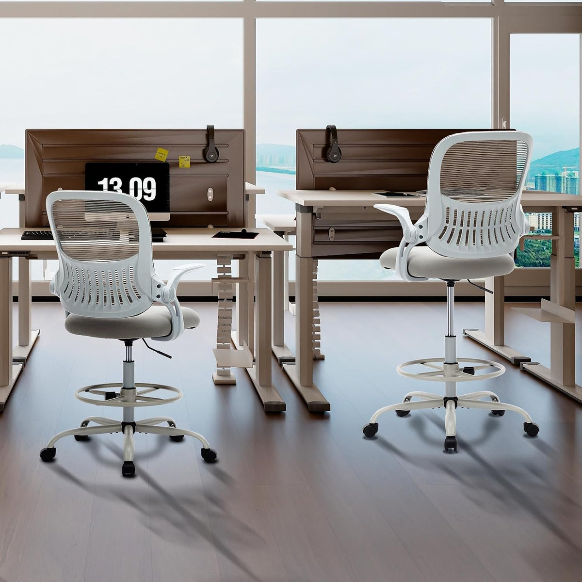 Sweetcrispy Tall Drafting Office Desk Chair - Ergonomic High Stool Computer Chair with Adjustable Height and Comfy Lumbar Support, Rolling Counter Height with Flip-up Arm and Footrest, Grey