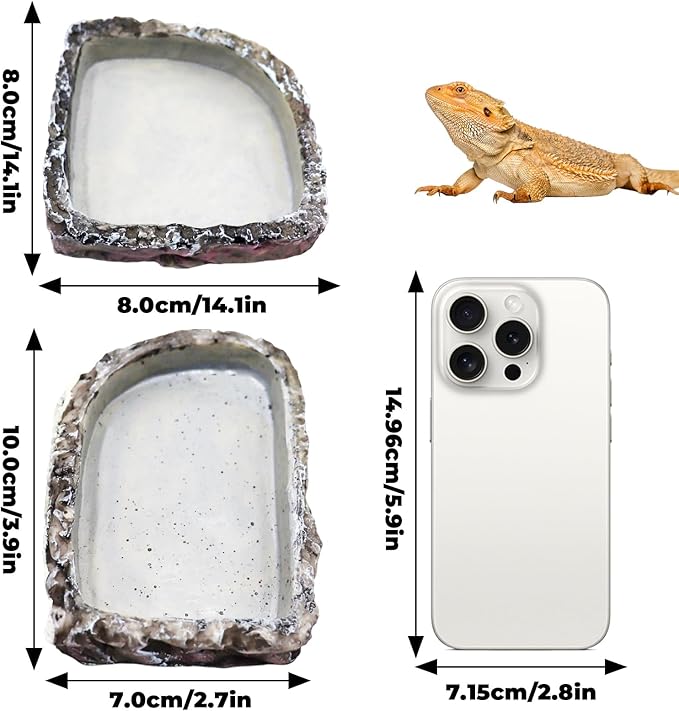 Bearded Dragon Accessories, 2 Pack Reptile Bowl for Feeding and 1 Artificial Plant Decor, Aquarium Habitat Decoration Set for Bearded Dragon, Gecko, Tortoise, Snake, Frog, Other Small Reptile