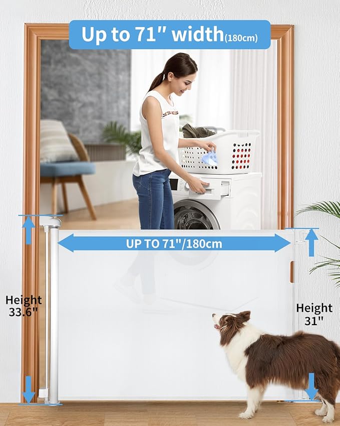 Retractable Baby Gate for Doorways and Stairs, Mesh Safety Gate for Pet, Indoor & Outdoor Use, One-Hand Operation, Easy Installation, 33.6" Tall, Expands to 71" Wide（White,33.6"x71"）