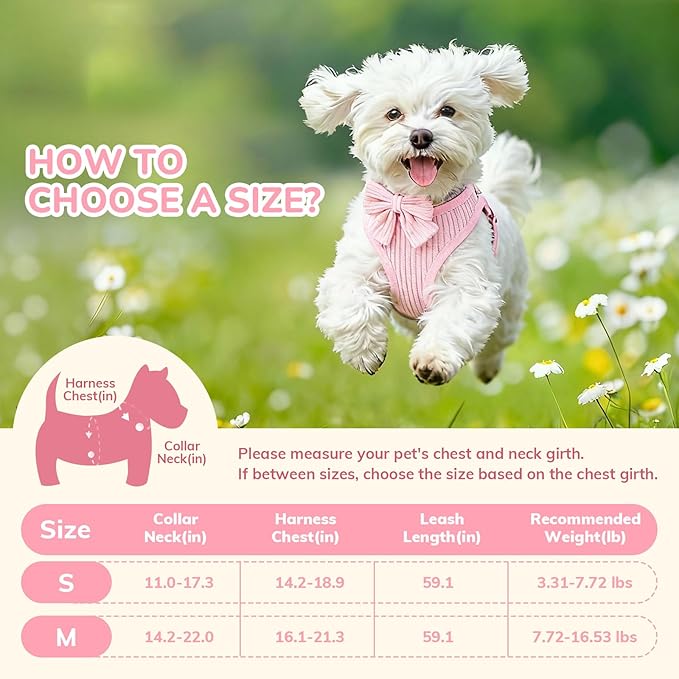 Small Dog Collar Harness and Leash Set, Dog Harness no Pull with Bowtie, Breathable Cotton Adjustable Pet Puppy Harness, Easy Walk Dog Harness, M(16-21")