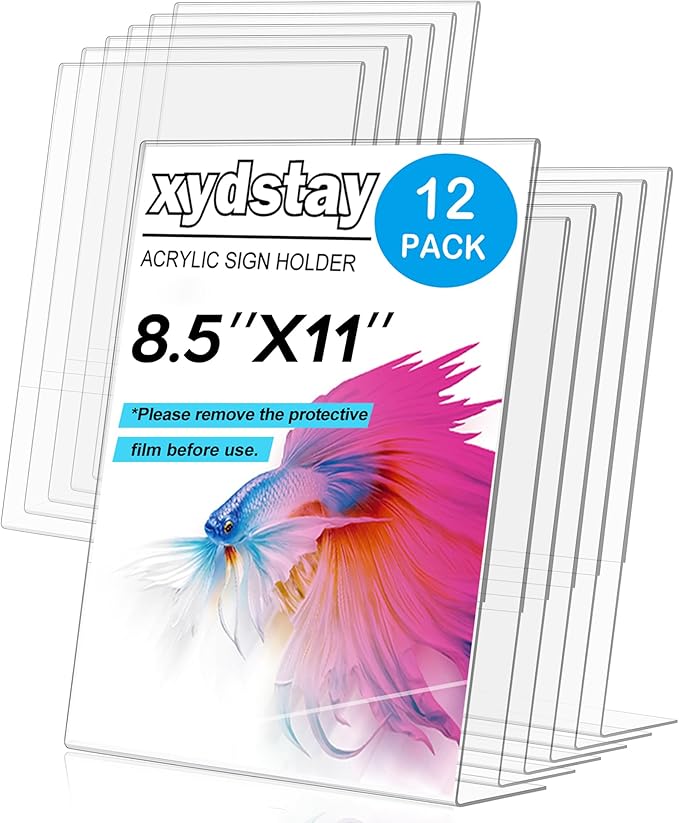 12pack 8.5x11 Acrylic, L Shape Clear Plastic, Menu Holder, Unbreakable Table Sign Holder for Restaurant, Office, School, Store and Home Use