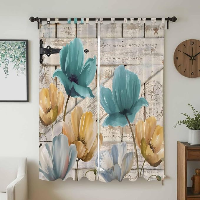Watercolor Flowers Living Room Curtains 96 Inch Length, Window Curtains Tab Top