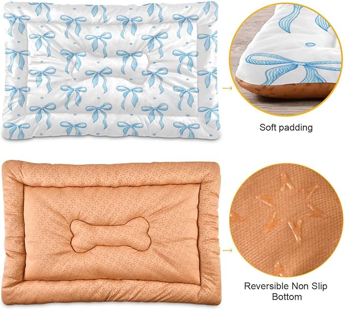 Blue Ribbon Bow Dog Bed Mat Cat Crate Pad with Non-Slip Bottom, Washable Soft Pet Kennel Beds for Small Medium Large Dogs, 24"x18"