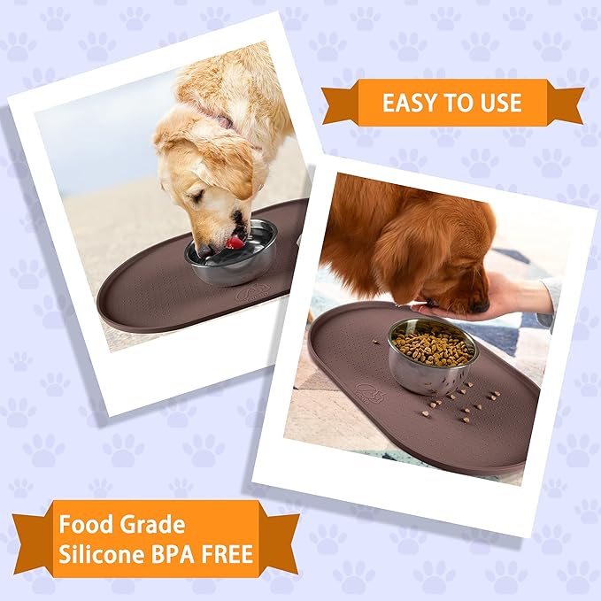 100% Waterproof 0.5" Raised Edge BPA Free Silicone Dog Food Mat, Pet Cat Feeding Mats Contain Spills Protects Floors, Placemats for Cats and Dogs Water Bowl Dishwasher. (Large/XL, Brown)