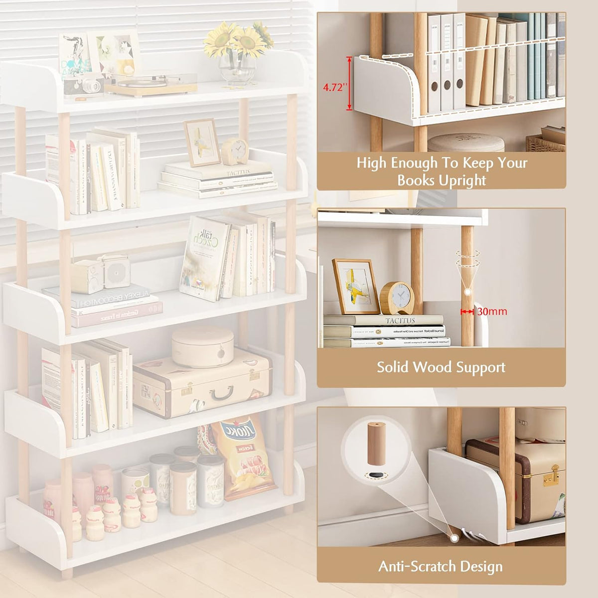 OSCHF 4-Tier Wooden Open Bookcase, Warm White