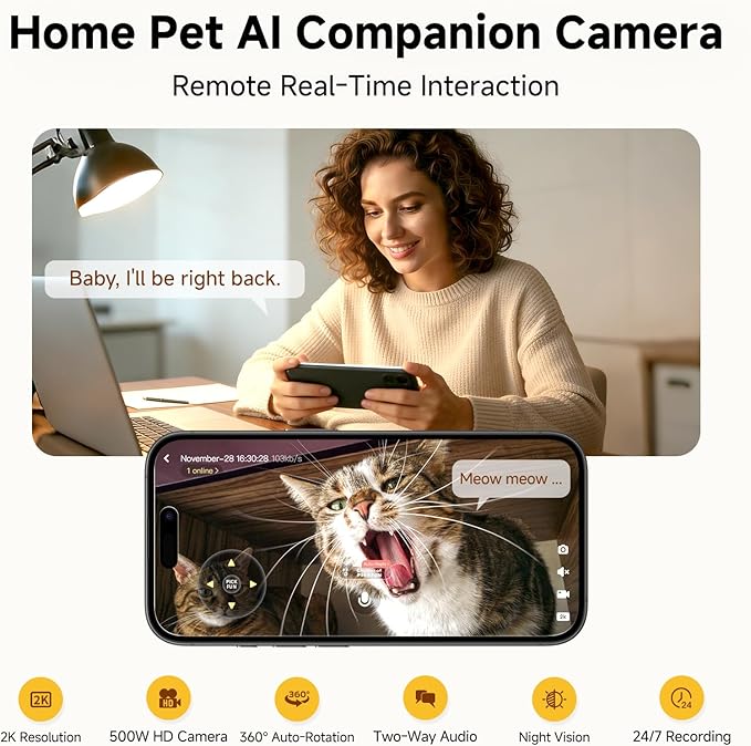 P0 Pet Camera: 2K 5MP AI Wireless WiFi Indoor Camera with 360° Pan-Tilt, Pet Behavior Recognition, Auto Tracking, Night Vision, Two-Way Audio & AI Photo Editing – Home Pet Monitoring Camera
