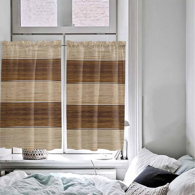 Retro Country Brown Wooden Board Window Valance Curtains, Farmhouse Gradient