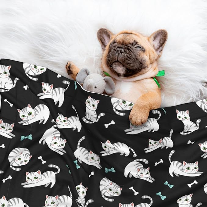 Double Sided Pet Throw for Dogs Who Shed, White Cute Cats, Reversible Blanket with Nubby Dot Side Catches Loose Fur for Easier Furniture Cleanup