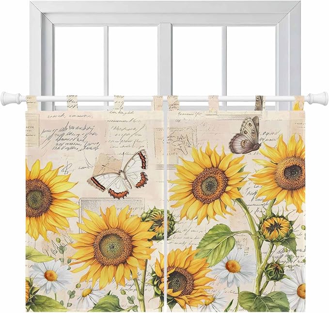 Yellow Sunflowers Kitchen Curtains 45 Inch Length, Short Cafe Window Curtains