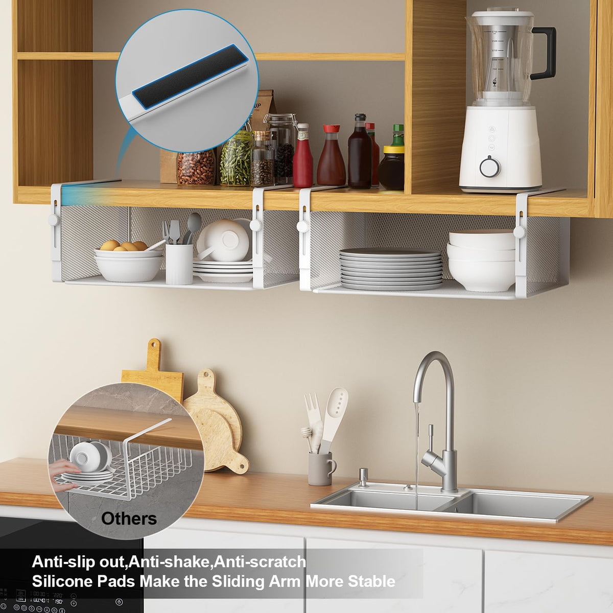 AmonHouseware 2Pack Under Shelf Basket,Adjustable Hanging Holder,White