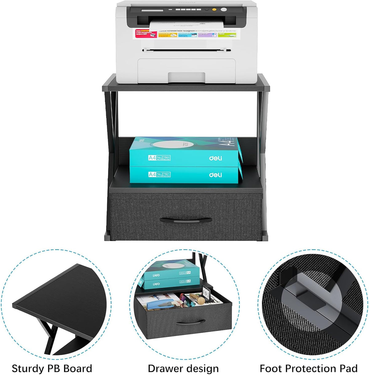 aboxoo Printer Stand for Desk with Storage Drawer, 2 Tier Desktop Or Under Desk Shelf, Multi-Purpose Desks Organizer for Home Office, fit Fax Machine/3D Printer/Scanner, Black