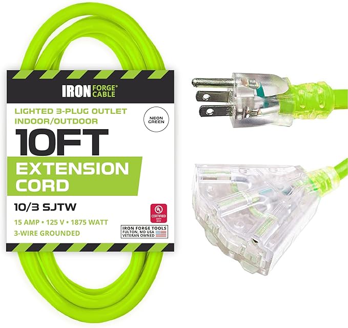 Iron Forge Cable 10 Gauge Extension Cord 10 ft with 3 Outlets Pigtail, 10/3 Heavy Duty Extension Cord with Multiple Outlets for Outdoor & Indoor, 15 AMP Great for Major Appliance, UL Certified