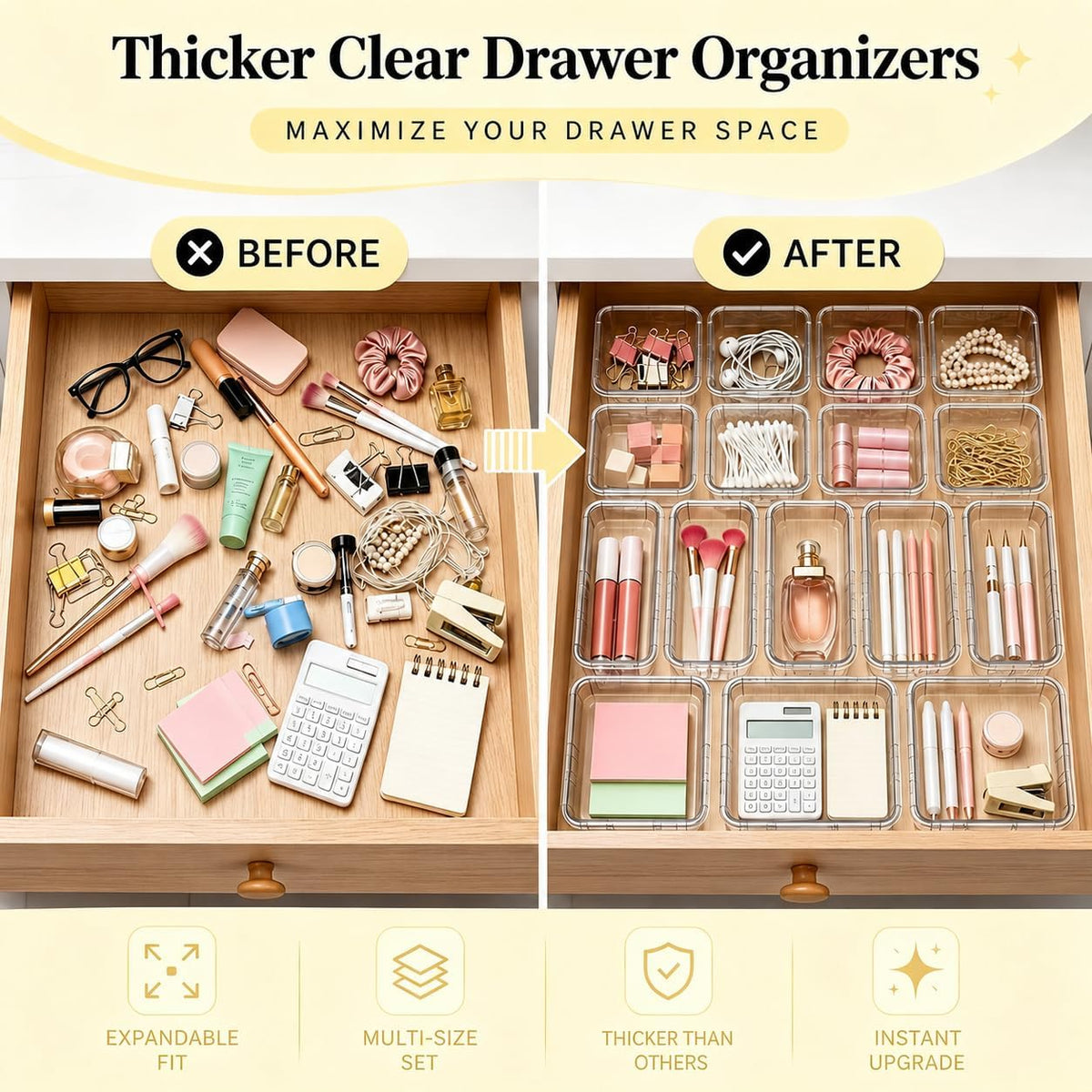 20 PCS Expandable Clear Drawer Organizers, 3-Size Extendable Drawer Dividers, Expanding Plastic Storage Box Arcrylic Storage Bins for Makeup Vanity Drawer Dresser Kitchen Utensils DIY Office Desk