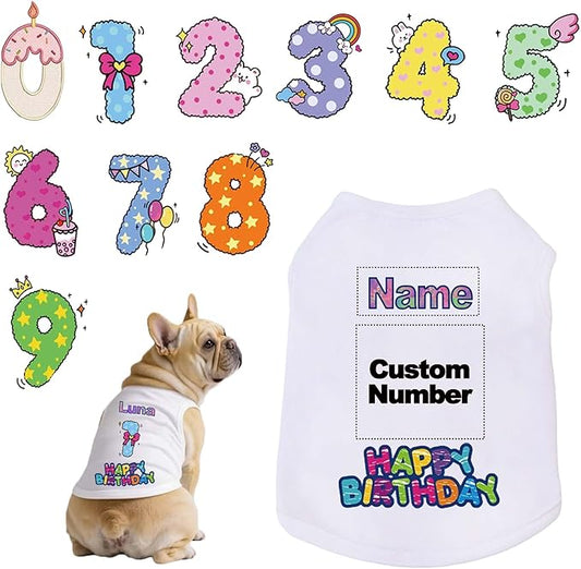 Custom Dog Birthday Shirt,Personalized Pet Apparel Print with Name Age Number,Pet Birthday Outfit,Lightweight Breathable Cotton Vest for Small Medium Large Dogs Cat (White, 4X-Large)