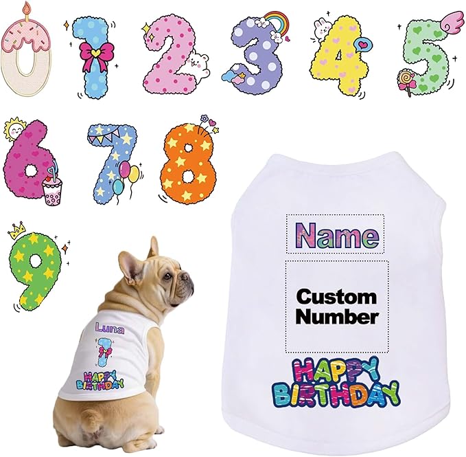 Custom Dog Birthday Shirt,Personalized Pet Apparel Print with Name Age Number,Pet Birthday Outfit,Lightweight Breathable Cotton Vest for Small Medium Large Dogs Cat (White, Medium)