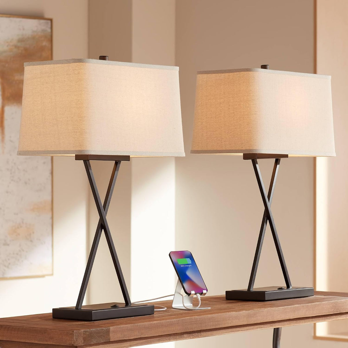 Megan 26.5" Tall Table Lamps Set of 2 LED Bulbs USB Ports A+C Charging