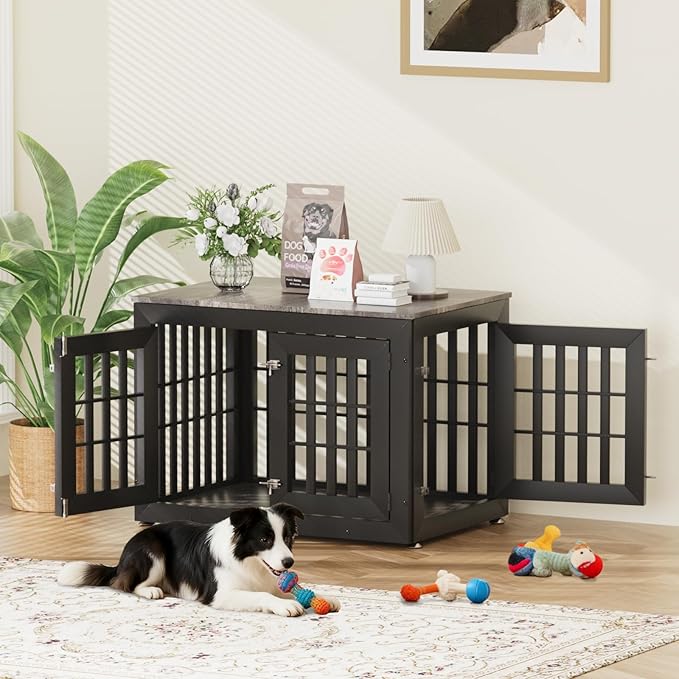 38" Heavy Duty Dog Crate Furniture for Small,Medium and Large Dogs,Rustic Wooden Dog Cage Kennel Indoor Furniture with Waterproof Top,Decorative Pet House Side End Table (Black & Grey)
