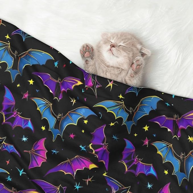 Reversible Plush Pet Blanket for Puppies Kittens, Halloween Cool Bats, Double Sided Gentle Dot Texture for New Pets Adjusting to Home Environment Softly