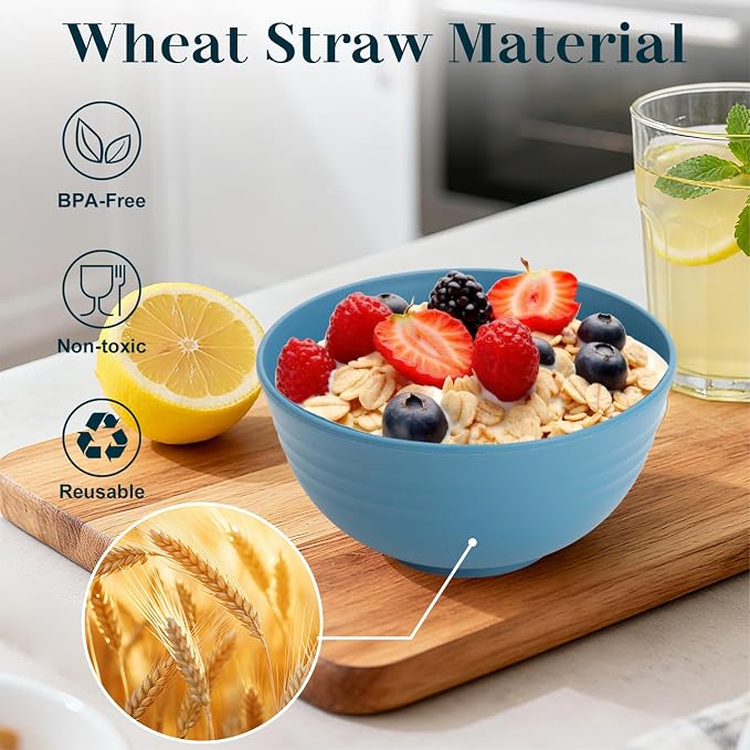 Bowls for Kitchen 8 PCS, Unbreakable Wheat Straw Bowl 26 OZ, Alternative to