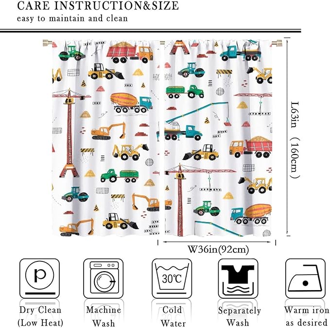 Construction Window Curtains, Kids Cartoon Construction Machines Building Hand