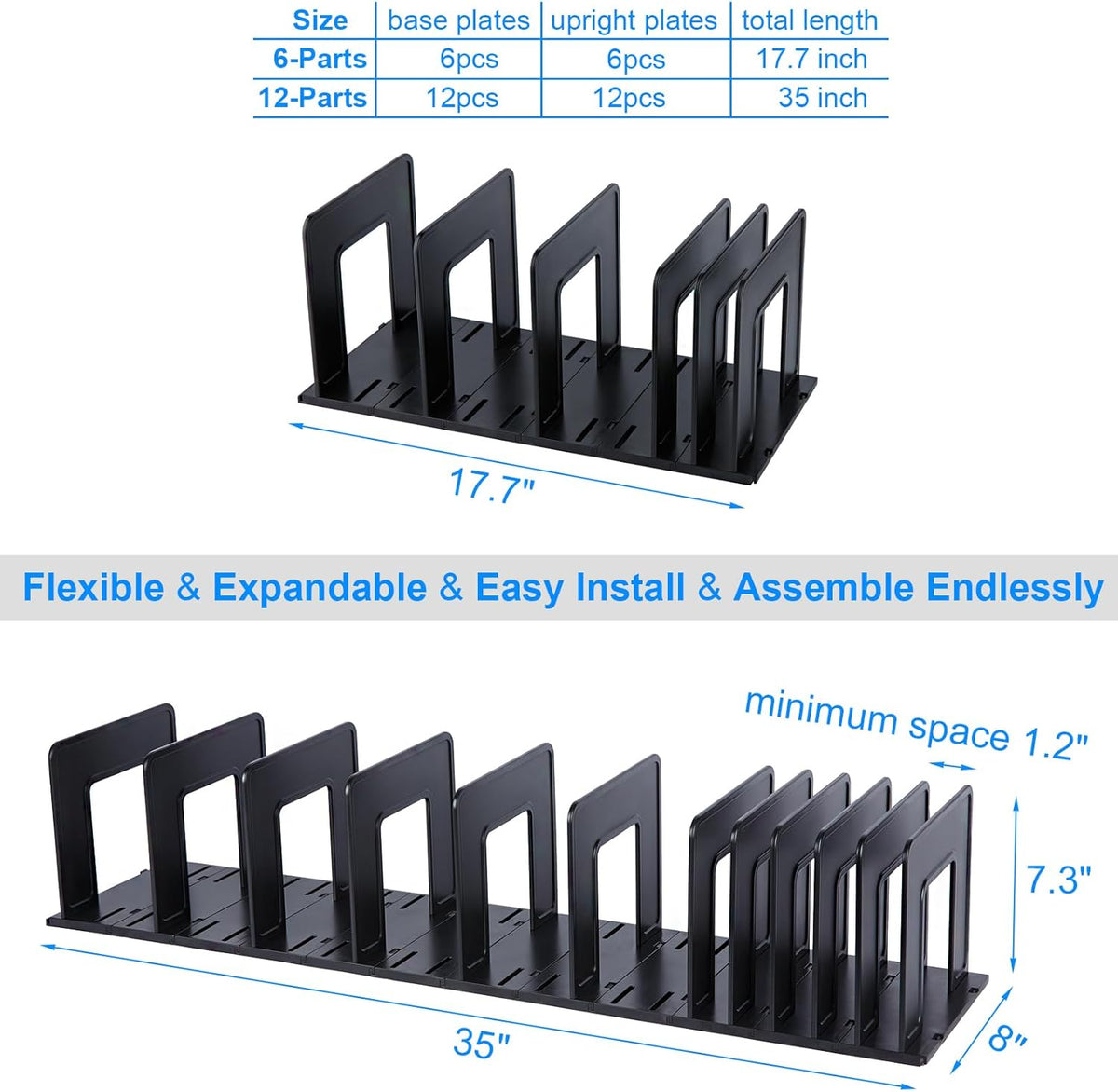 Adjustable Vertical File Sorter Sturdy Plastic Expandable Upright File Holder, Desktop Binder Organizer, School Office File Organizer Bookshelf Divider, Assemble Easily Endlessly, Black