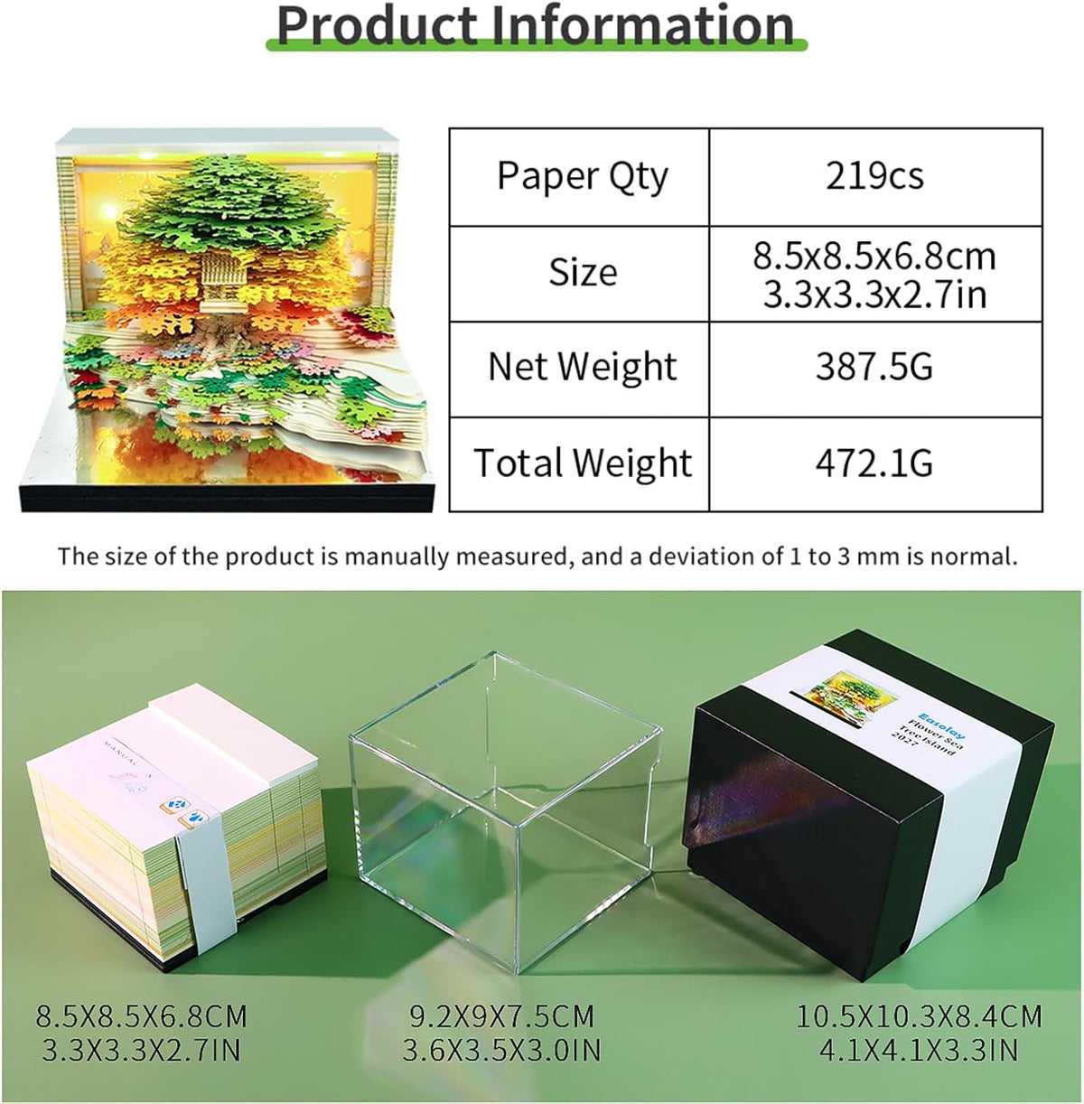 3D Calendar 2027,Tear-Away Time Piece Calendar 3D Memo Pad,Flower Sea Tree Island 3D Art Desk Calendar with Lights