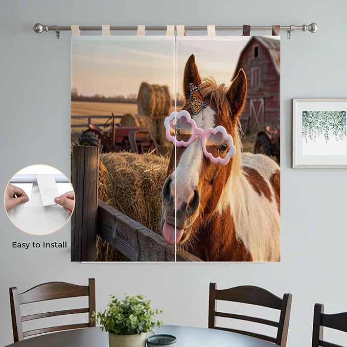 Farm Horses Bathroom Curtains 63 Inch Length, Window Curtains Tab Top,