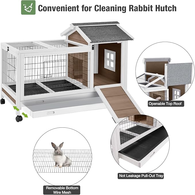 Wooden Rabbit Hutch Indoor and Outdoor, Rabbit Cage with Removable Wire Netting and Leak Proof Tray, Mobile Bunny Cage with Wheels (Brown)