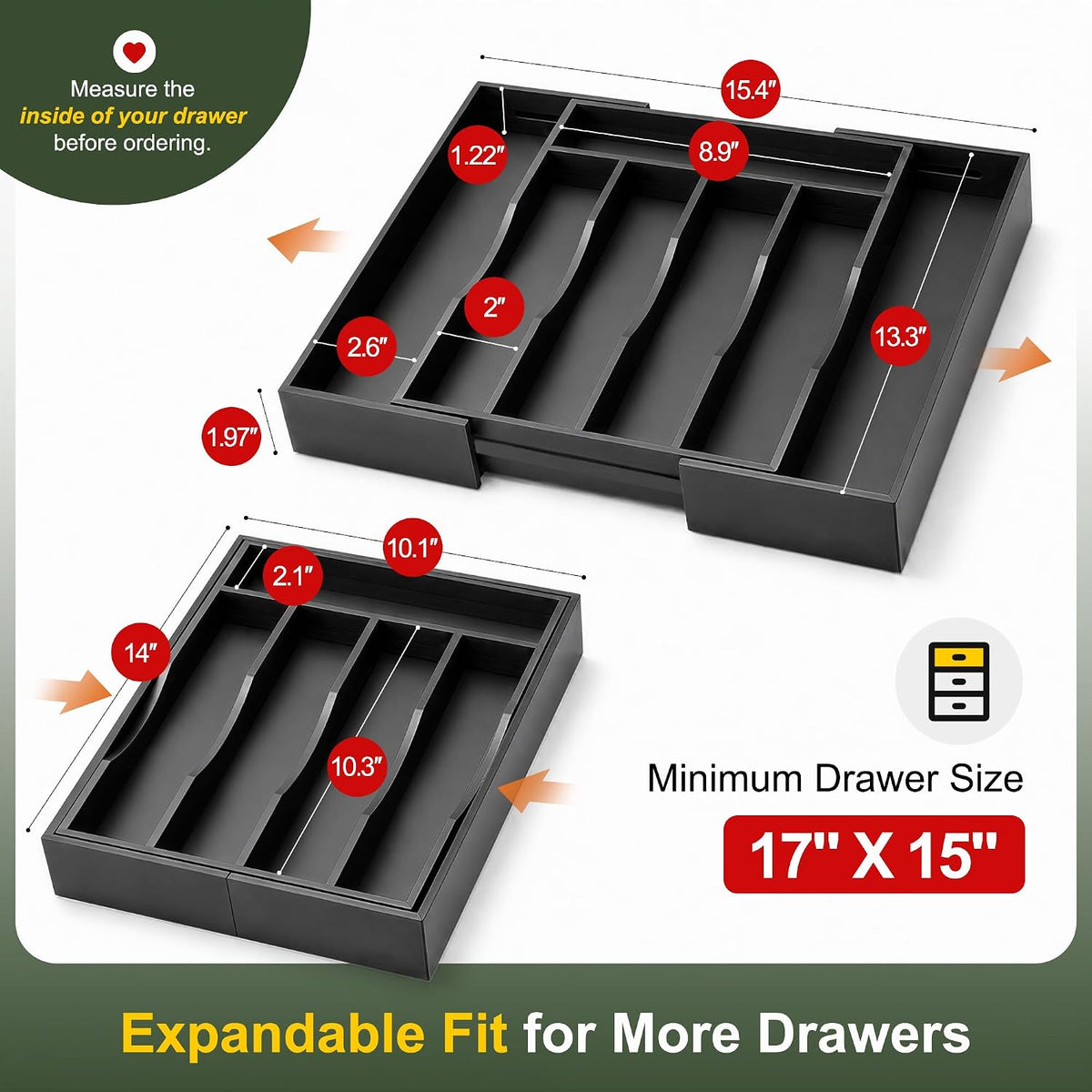 Bellsal Black Silverware Organizer Kitchen Drawer Organizer Expandable Bamboo Utensil Holder Cutlery Tray for Kitchen Utensil and Flatware Bedroom Office
