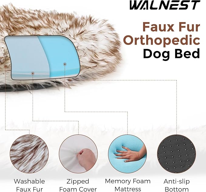 50 Inch Faux Fur Dog Bed for Large/Medium Dogs Orthopedic Beds with Fluffy Faux Fur & Soft Memory Foam for Joint Pain Relief, Machine Washable and Waterproof Dog Couch Beds White with Brown