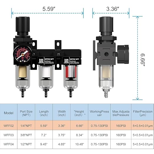 NEWPO 1/4" NPT Air Drying System, Air Filter Pressure Regulator