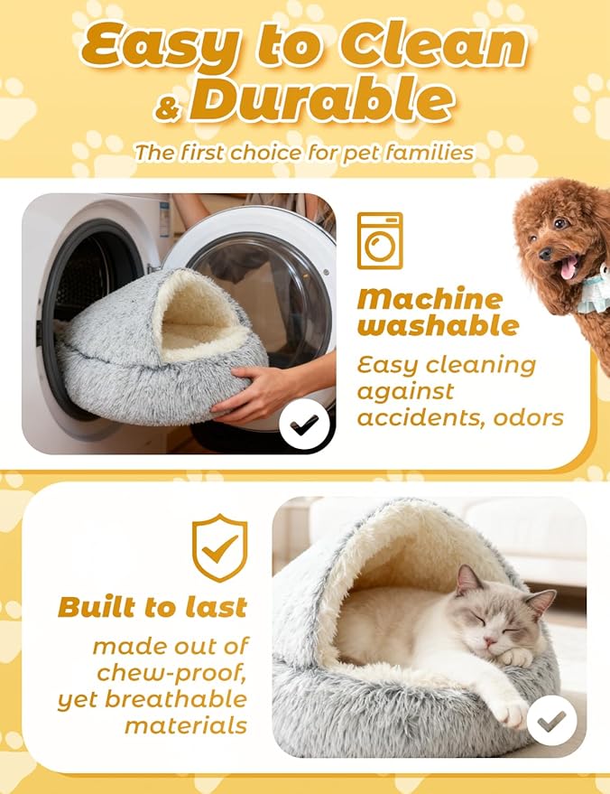 Dog Bed, Dog Bed with Cover Cave, Dual Comfort Design, Pet Bed for Small/Medium/Large Cats and Dogs, Anxiety Relief, Durable & Chew-Proof, Improves Sleep & Behaviour (Gray, 24in)