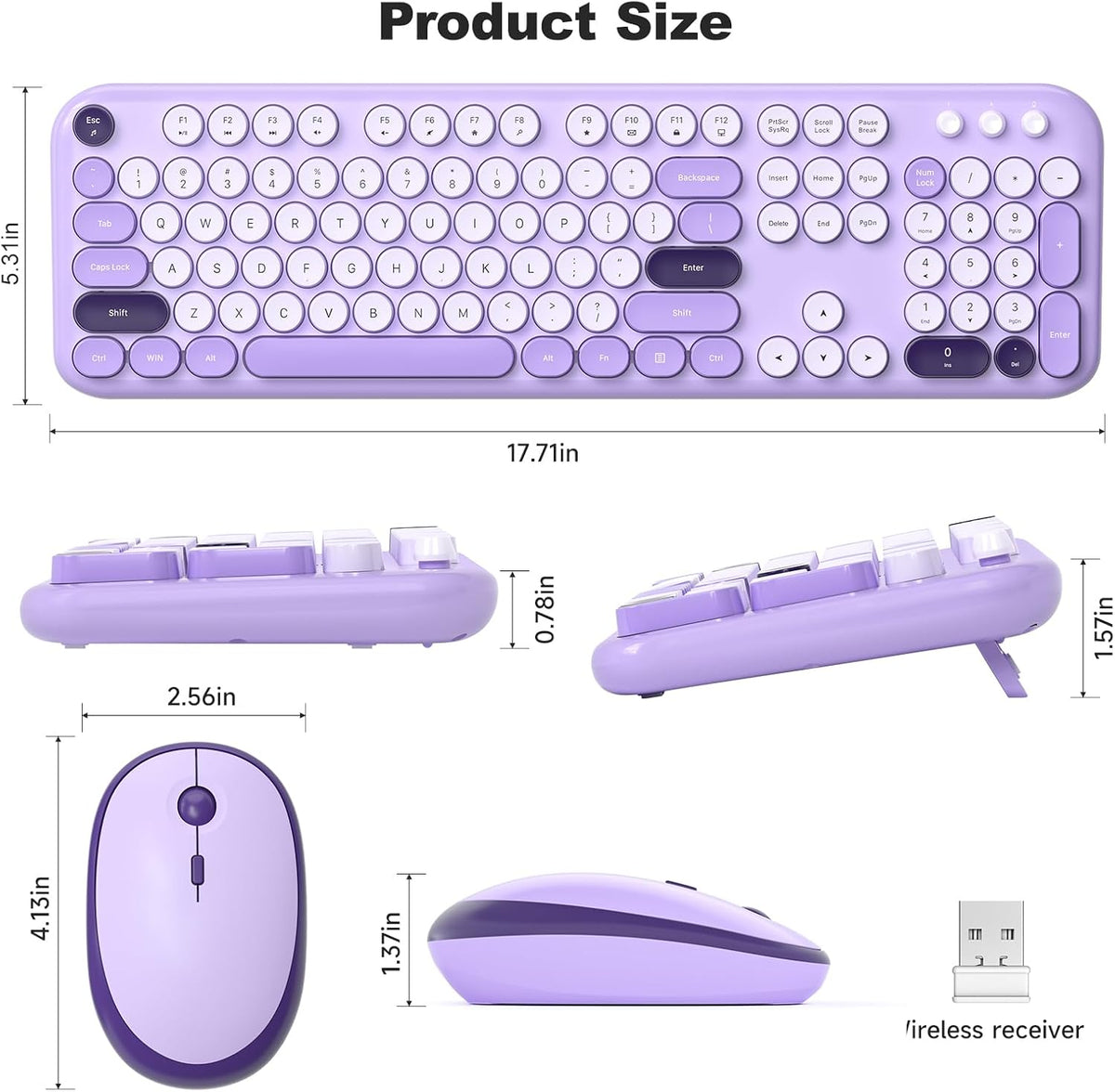 Wireless Keyboard and Mouse Combo, MOWUX Full Size Typewriter Retro Round Computer Keyboard, Cute Optical Mouse Wireless, Plug and Play, for Laptop, PC, Computer- Violet Field