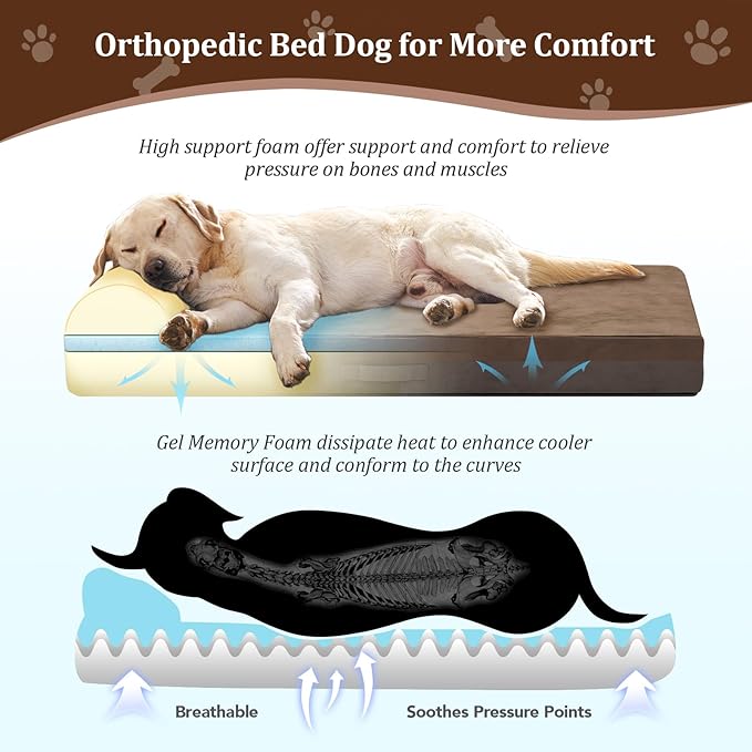 Jumbo Orthopedic Dog Bed, Large Dog Bed 7.87-inch Thick Gel Memory Foam with Pillow, Durable Flannel Fabric Dog Beds Large Sized Dog, Removable Cover & Waterproof Liner for Large Breed Dogs