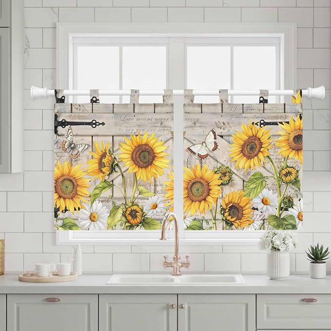 Farm Flowers Kitchen Curtains 24 Inch Length, Small Window Curtains Tab Top