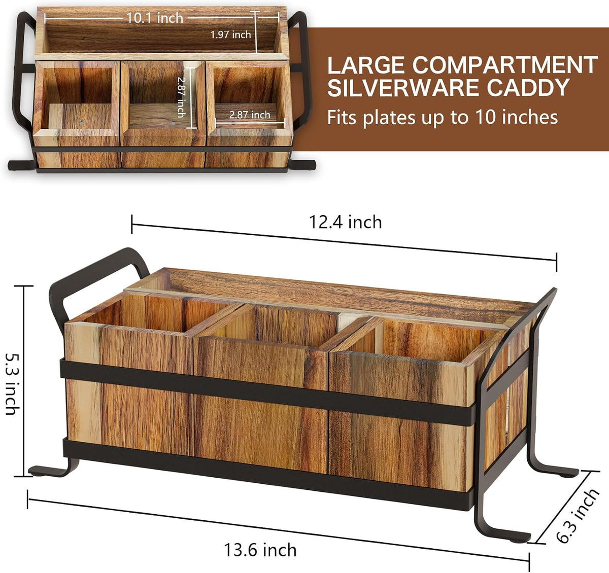 Acacia Wood Silverware Caddy for Party, 4 Compartment