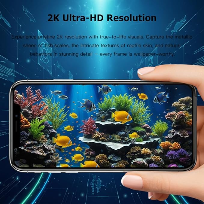 Fish Tank Camera, 2K HD for Aquarium & Reptile Terrarium, 140° Wide-Angle with Anti-Glare, Night Vision, WiFi Pet Camera with AI Motion Detection, 2-Way Audio, 24/7 Cloud/SD Recording (Black)